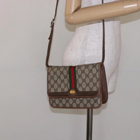 GUCCI GG Supreme Web Sherry Line Shoulder Bag PVC Beige Gold Auth 130754 - Picture 1 of 16
